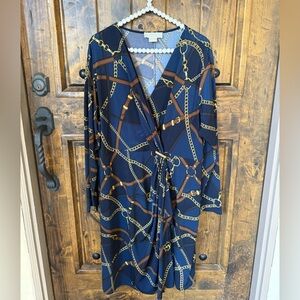 Michael Kors Navy Chain Belt Horse Bit Faux Wrap Dress Gold Logo Ruching 3X Nice